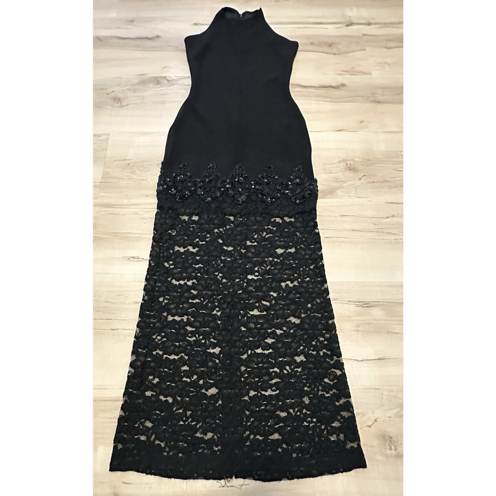 Dana Deatherage Womens Black Beaded Lace Halter Maxi Dress Size M Formal Gown